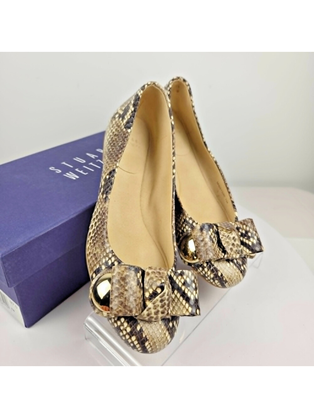 Stuart Weitzman Rocser Snake Print Ballet Flats with Bow and Gold Accent